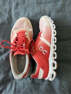 On Running Women's Red and White Athletic Running Shoes